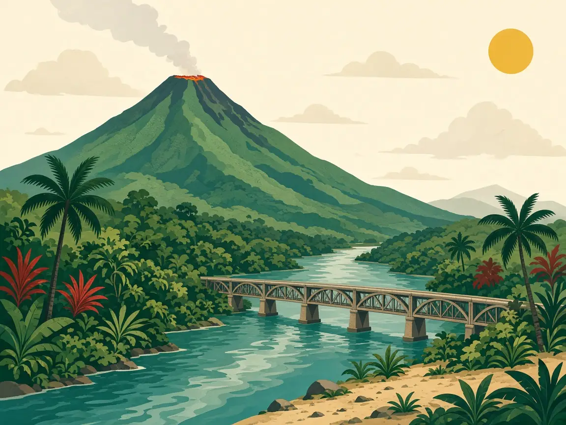 Le mont Cameroun au-dessus de la forêt et d’un pont sur le fleuve